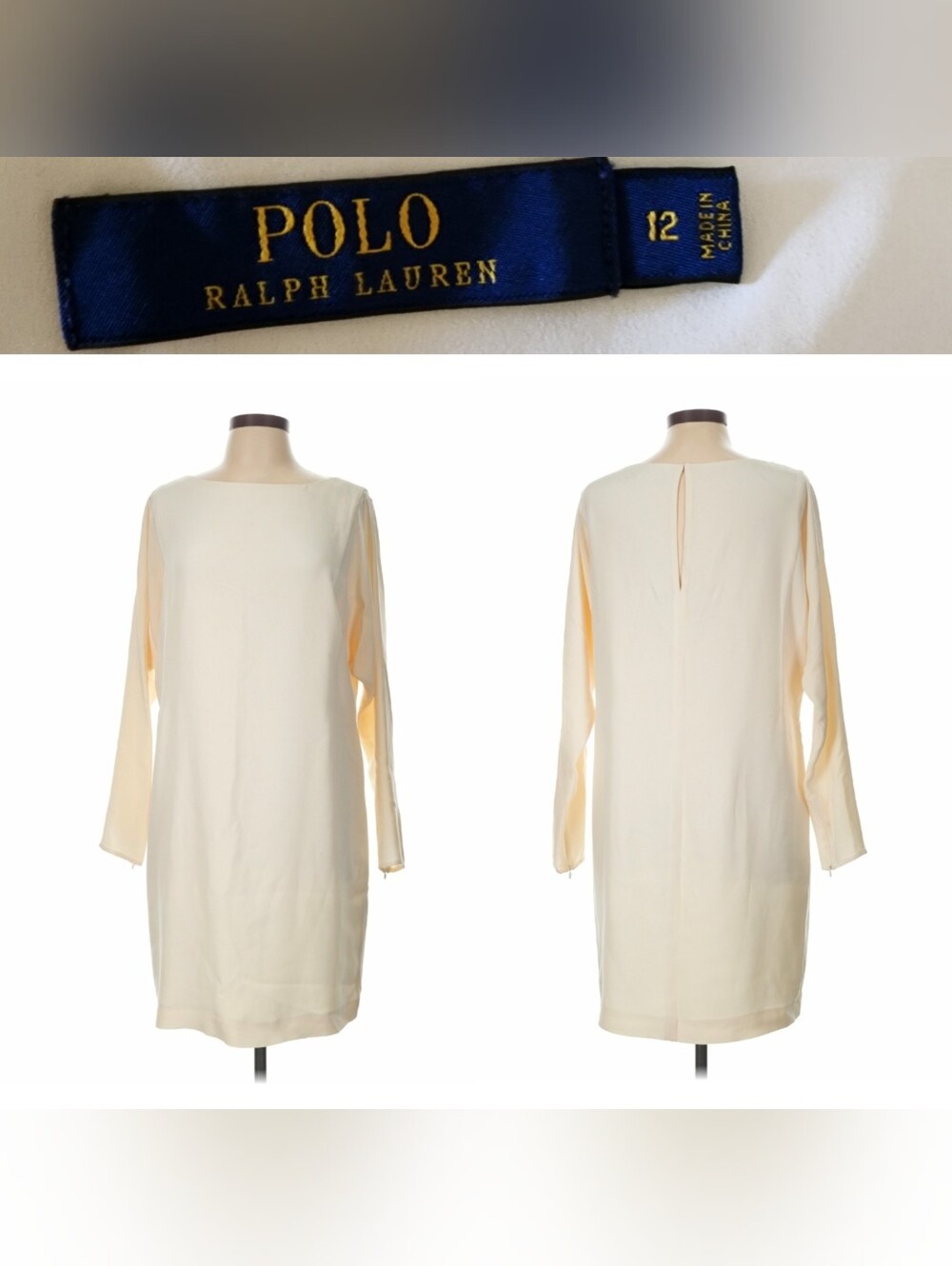 POLO RALPH LAUREN 100% Silk Shift Dress Ivory Cream Long Sleeve 12 Knee Length